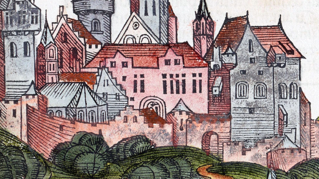 Gotycki zamek na Wawelu na zupełnie nierealistycznej rycinie z