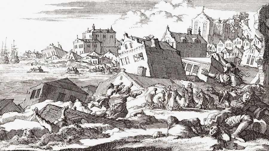 Miedzioryt z XVIII wieku przedstawiający skutki kataklizmu (domena publiczna).