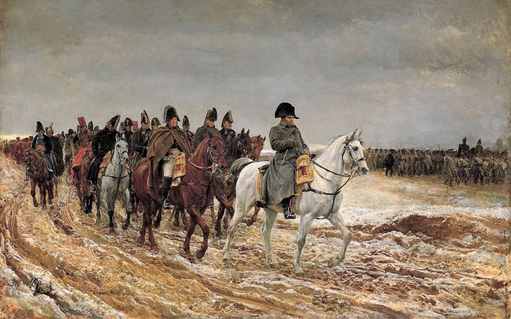 Napoleon i jego sztab wracający po bitwie pod Laon stoczonej w dniach 9–10 marca 1814 (Ernest Meissonier/domena publiczna).