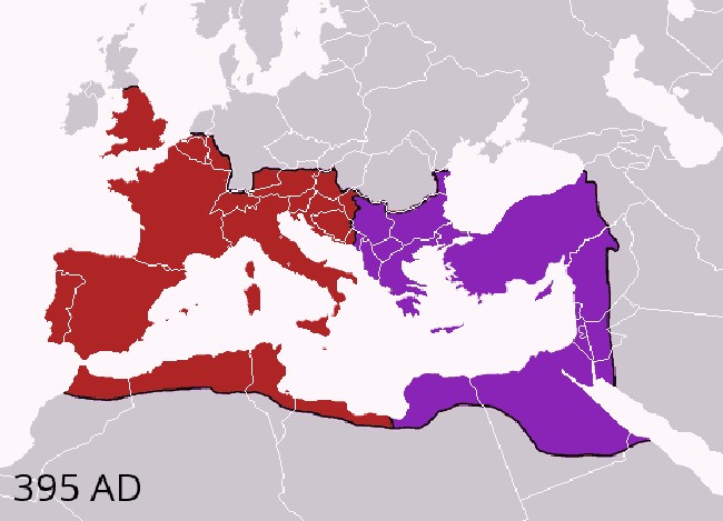 Mapa przedstawiająca podział cesarstwa Rzymskiego w 395 roku n.e. (domena publiczna).