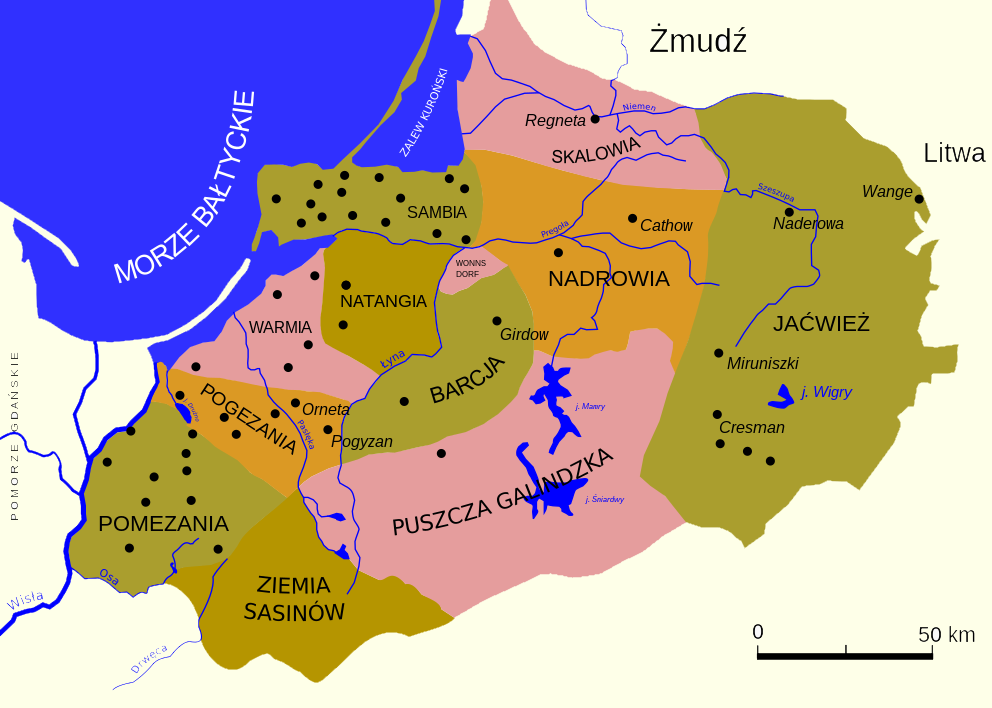 Podział plemienny Prus w XIII wieku według Henryka Łowmiańskiego (Telewizjamsi/domena publiczna).