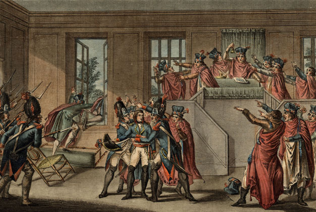 Przewrót 18 brumaire'a na rycinie z 1799 roku (Jean-Baptiste Morret/domena publiczna).