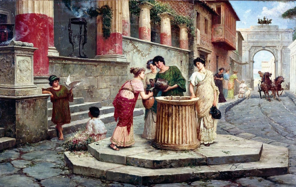 Ulica w Pompejach. Obraz Eduardo Ettore Fortiego (domena publiczna).