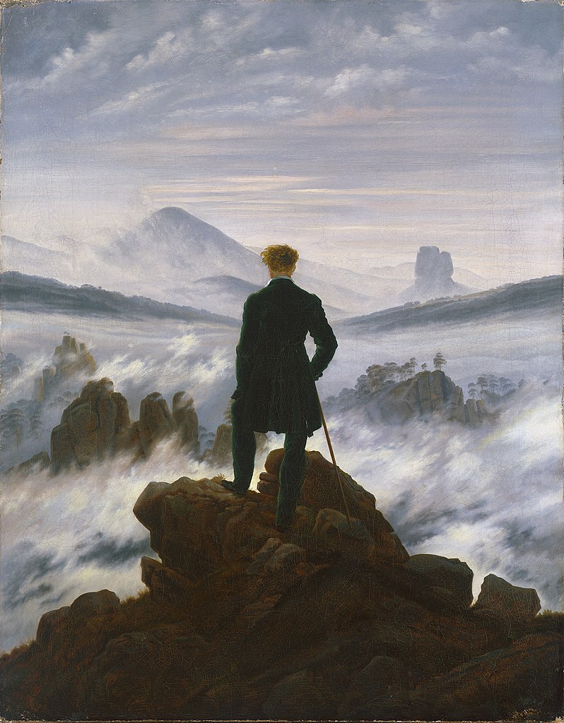 Wędrowiec nad morzem mgły. Obraz Caspara Davida Friedricha (domena publiczna).