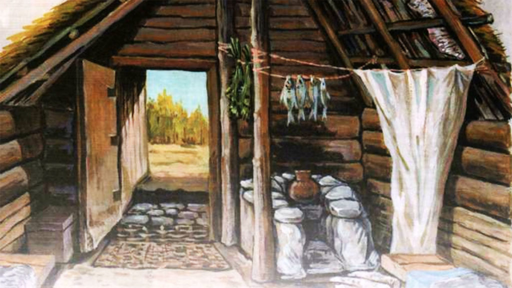 Wnętrze słowiańskiej chaty. Rysunek współczesny