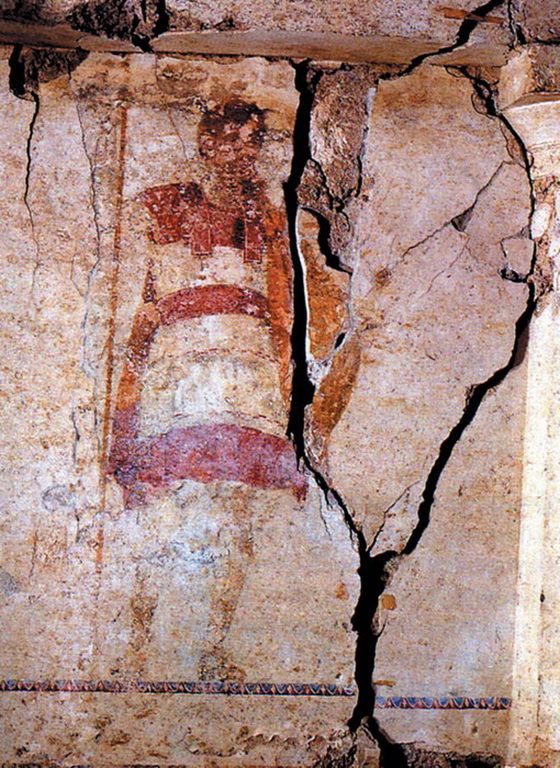 Fresk z IV wieki p.n,e. przedstawiający mężczyznę noszącego linothoraks (domena publiczna).