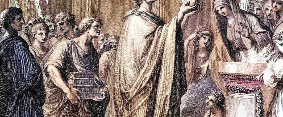 Juliusz Cezar na XVIII-wiecznej rycinie.
