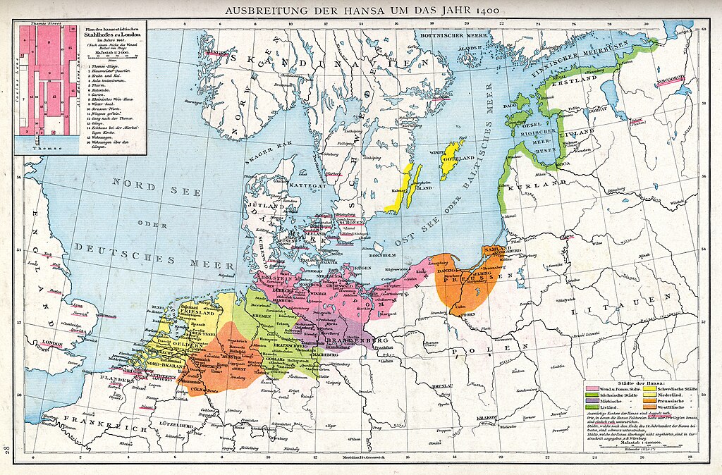 Miasta i strefy Hanzy na początku XV wieku (Droysen/Andrée/CC BY-SA 3.0).