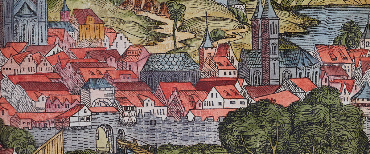 Miasto Bamberg. Rycina z tzw. Kroniki Norymberskiej, schyłek XV wieku.