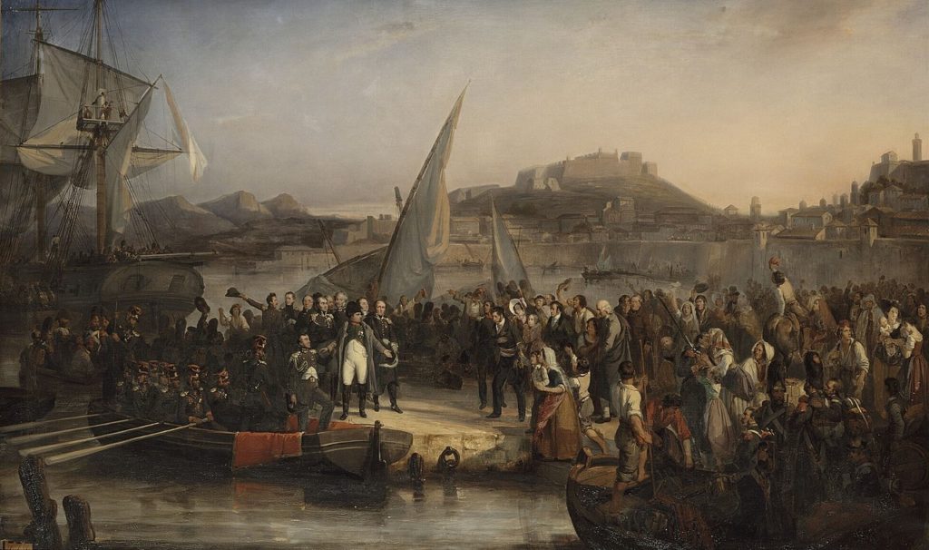 Obraz Josepha Beaume'a przedstawiający Napoleona opuszczającego Elbę (domena publiczna).