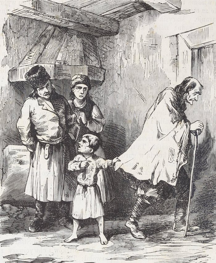 Wnuczek broniący dziadka wyganianego z chałupy. Rysunek z początku lat 60. XIX wieku (domena publiczna).