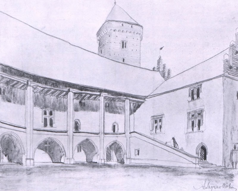Zabudowa zamku górnego na Wawelu od strony południowej według Adolfa Szyszko-Bohusza.