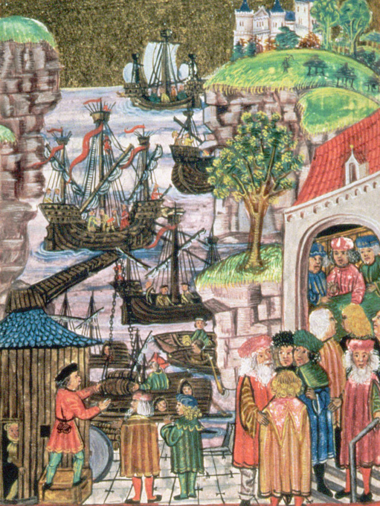 Zawarcie sojuszu między Lubeką i Hamburgiem. Iluminacja z końca XV wieku (domena publiczna).