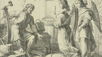 Aniołowie u Piasta na postrzyżynach małego Siemowita. Grafika XIX-wieczna.