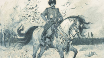 Bohdan Chmielnicki na czele swych wojsk. Grafika XIX-wieczna.