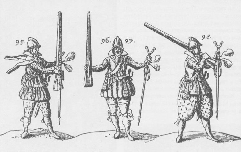 Ćwiczenia z muszkietem. Ilustracja z rosyjskiego traktatu wojskowego z połowy XVII wieku (domena publiczna).