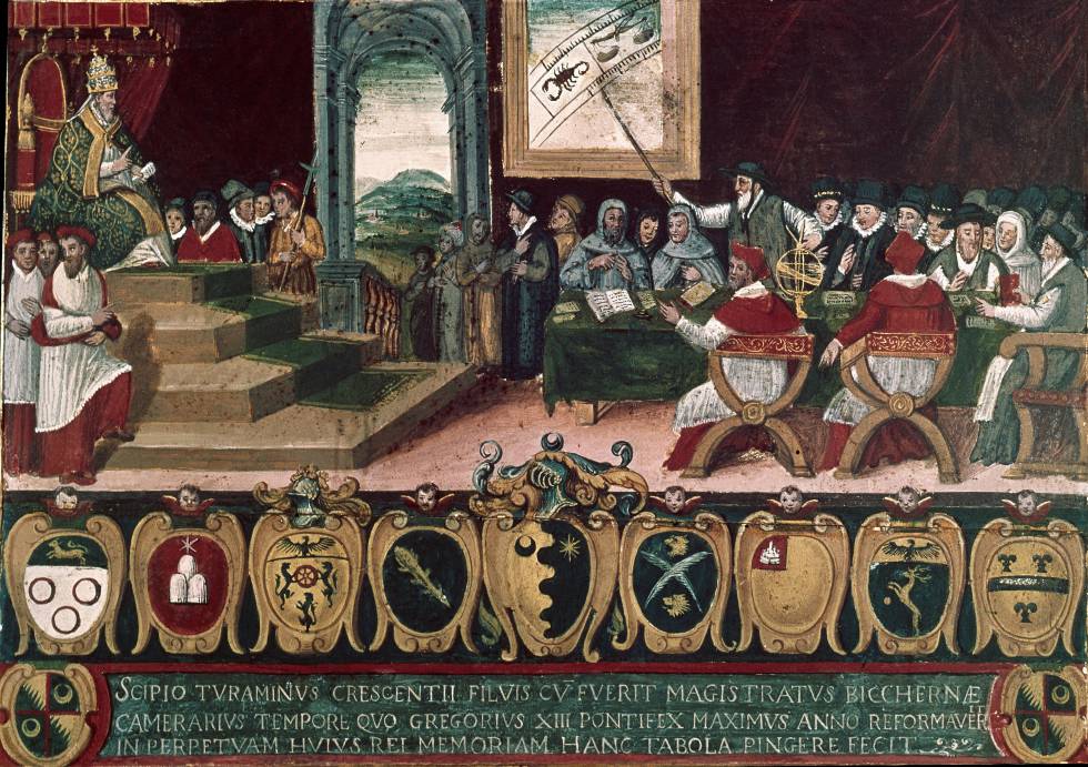 Rycina z 1582 lub 1583 przedstawiająca komisję do spraw zmiany kalendarza, której przewodniczy Grzegorz XIII (domena publiczna).