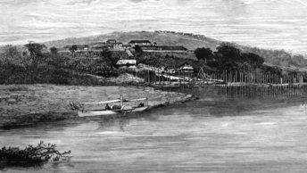 Léopoldville - stolica Wolnego Państwa Kongo na rycinie z 1884 roku.