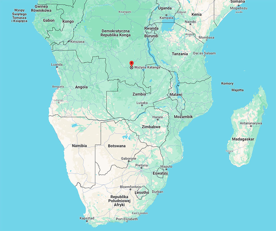 Rejon Katangi zaznaczony na mapie współczesnej Afryki.
