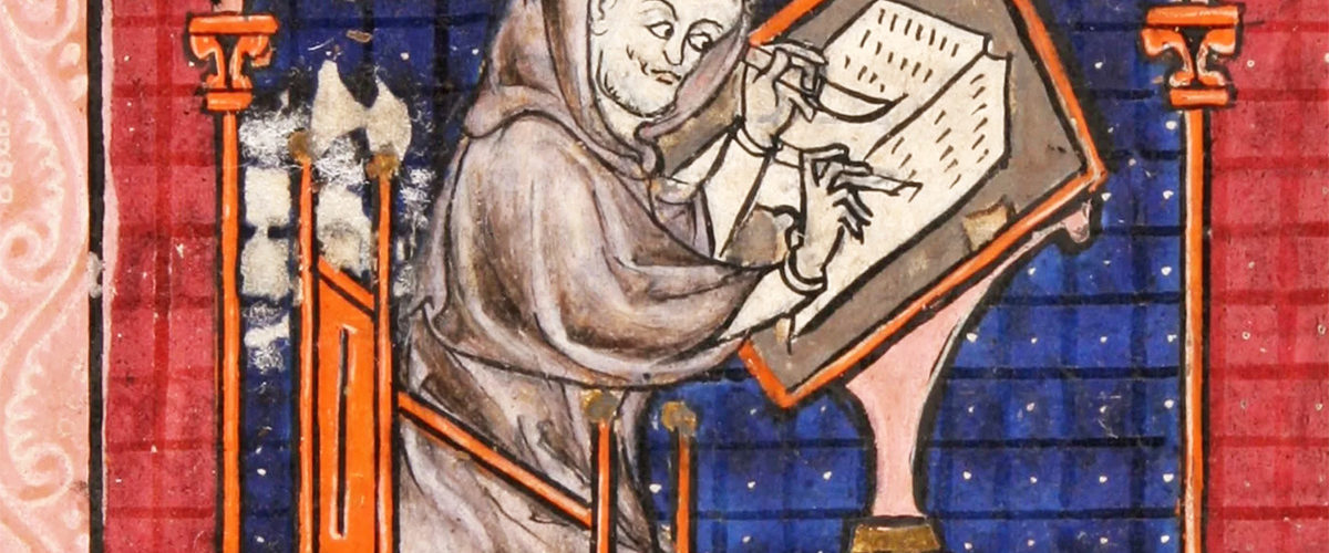 Średniowieczny mnich przy pracy. Miniatura z epoki.