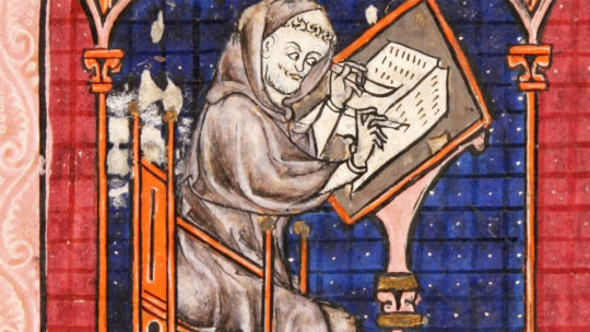 Średniowieczny mnich przy pracy. Miniatura z epoki.