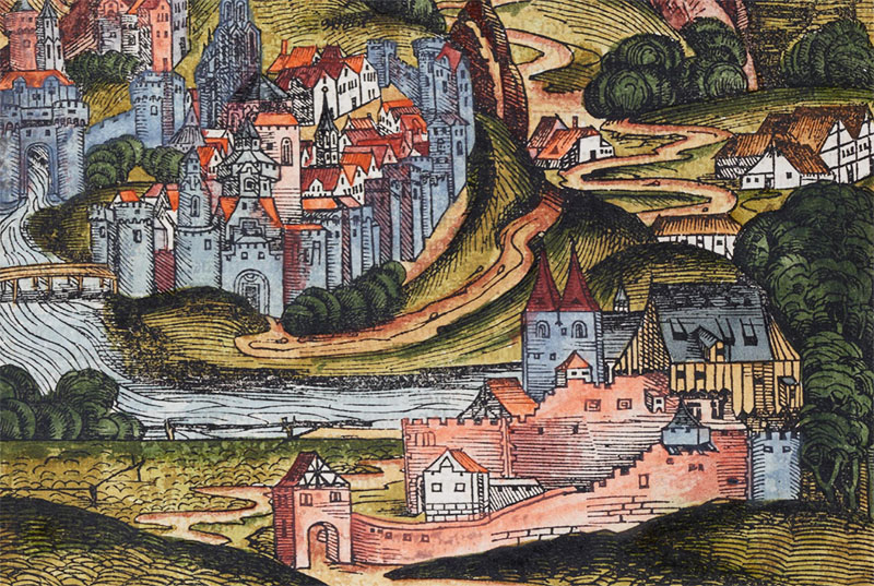 Miejski krajobraz Europy. Miniatura z tak zwanej Kroniki Norymberskiej, schyłek XV wieku.