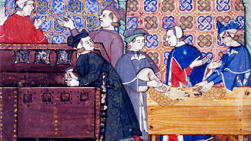 Średniowieczni bankierzy. Iluminacja z pierwszej połowy XIV wieku