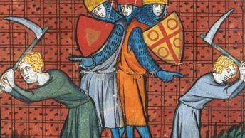 Średniowieczni chłopi pracujący pod nadzorem zbrojnych. Miniatura z epoki