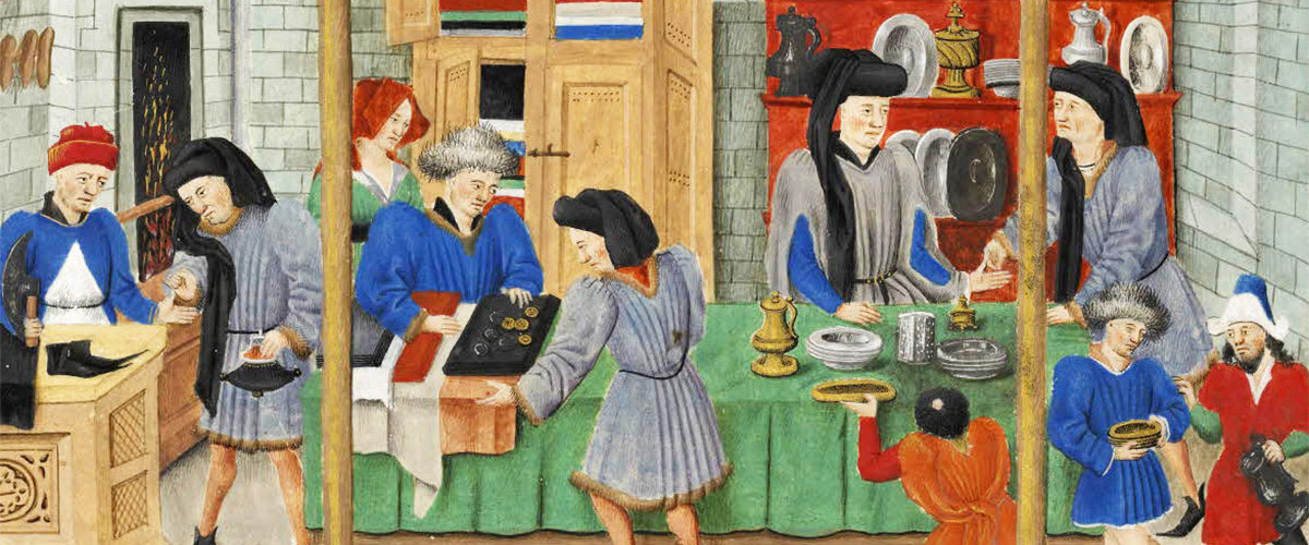 Średniowieczni kupcy na XV-wiecznej iluminacji.