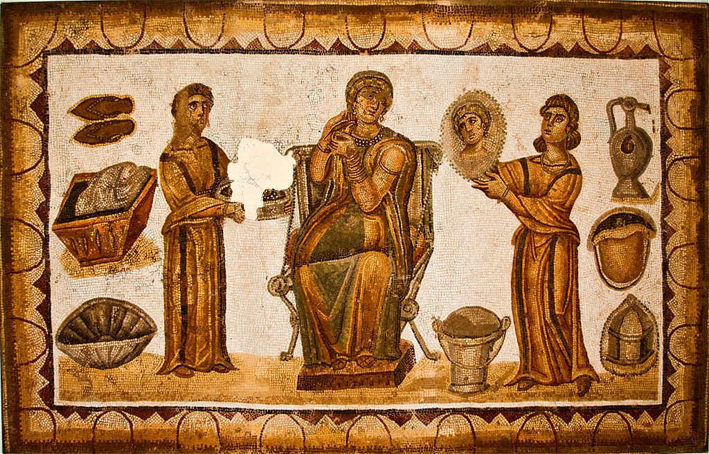 Starożytna rzymska mozaika przedstawiająca niewolnice pomagające swej pani (Fabien Dany/CC BY-SA 2.5).