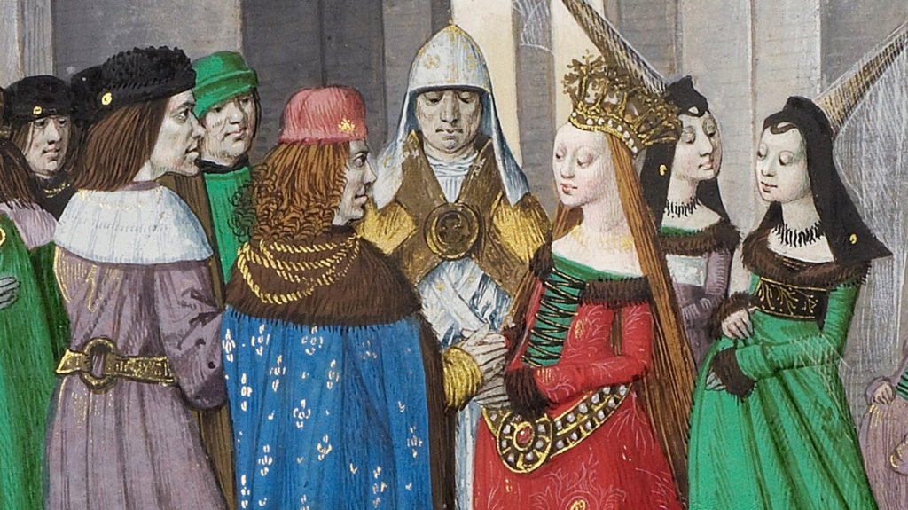 Dynastyczny ślub na flamandzkiej miniaturze z XV wieku.