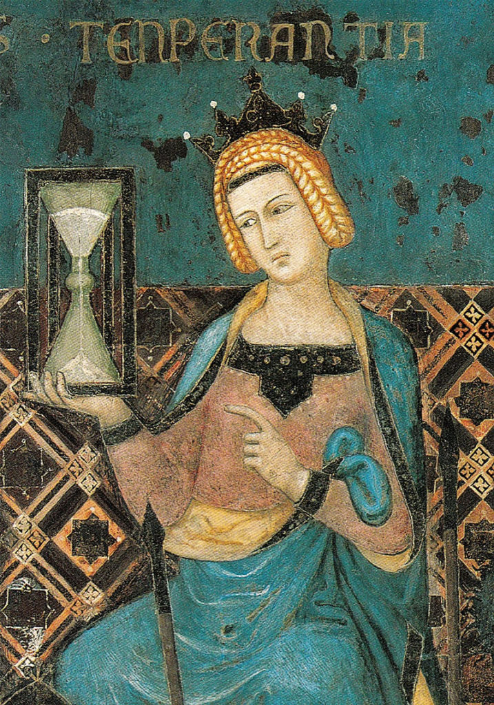 Kobieta z klepsydrą. Fragment obrazu z XIV stulecia.