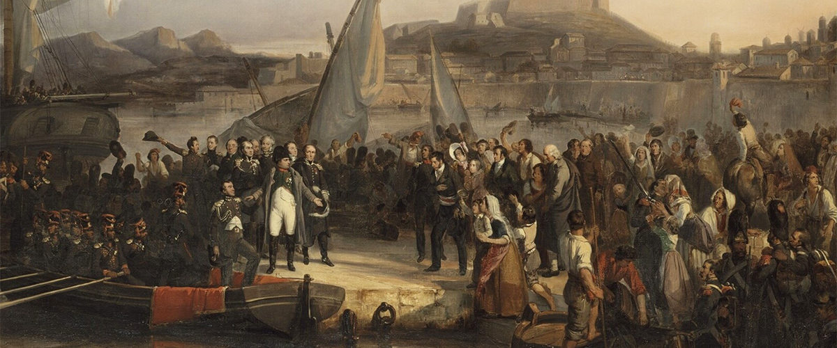 Napoleon Bonaparte opuszczający Elbę. Obraz Josepha Beaume'a.