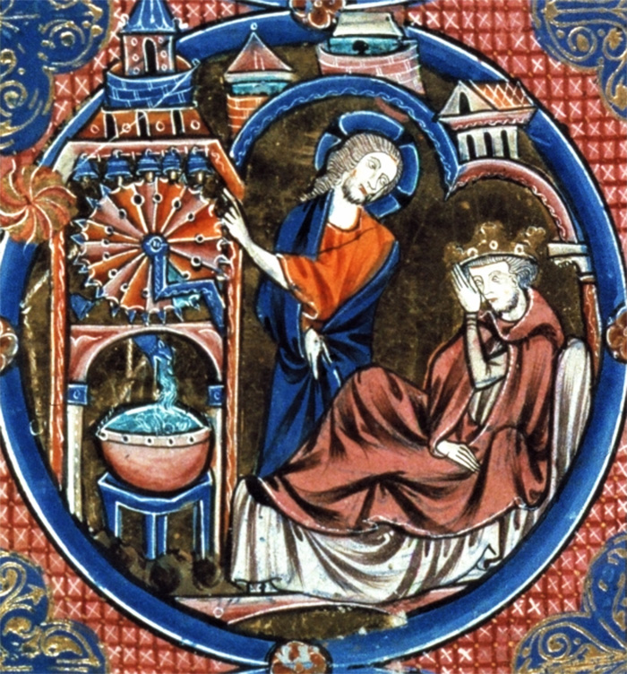 Średniowieczny zegar wodny. Miniatura z połowy XIII stulecia.