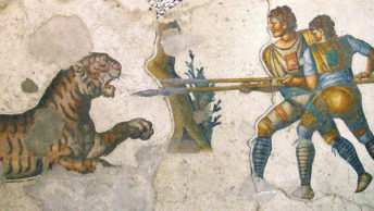Walka gladiatorska na mozaice z Konstantynopola. V wiek n.e.