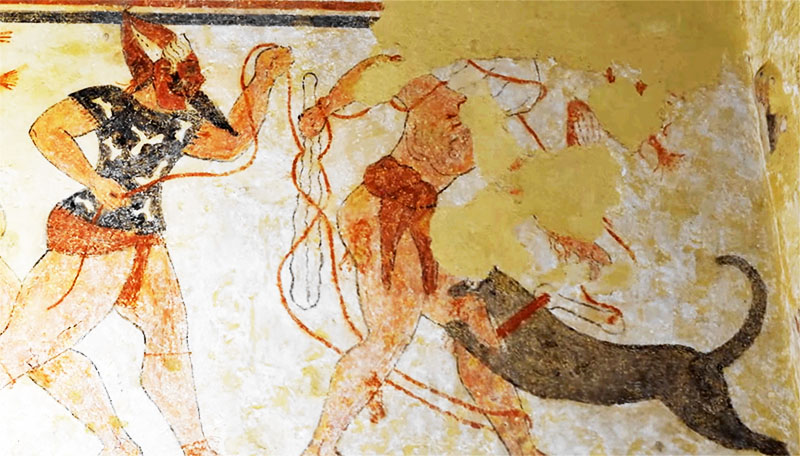 Walka z psem. Malowidło z etruskiego grobowca.