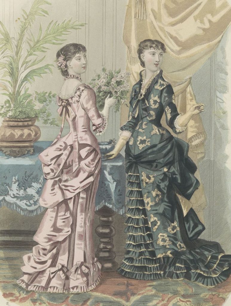 Ilustracja z lat 80. XIX wieku przedstawiająca kobiety noszące suknie z turniurami (domena publiczna).