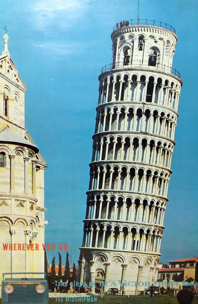 Krzywa Wieża w Pizie na zdjęciu z 1956 roku.
