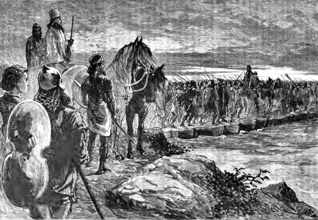 Kserkses przeprawiający się ze swoją armią po moście pontonowym przez Hellespont (Edmund Ollier/domena publiczna).