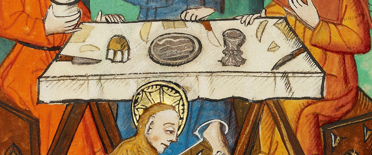 Przy domowym stole. Fragment miniatury z XV wieku.