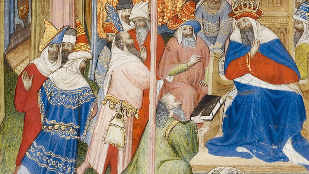 Uczeni mężowie przed obliczem króla. Francuska miniatura z XIV wieku.