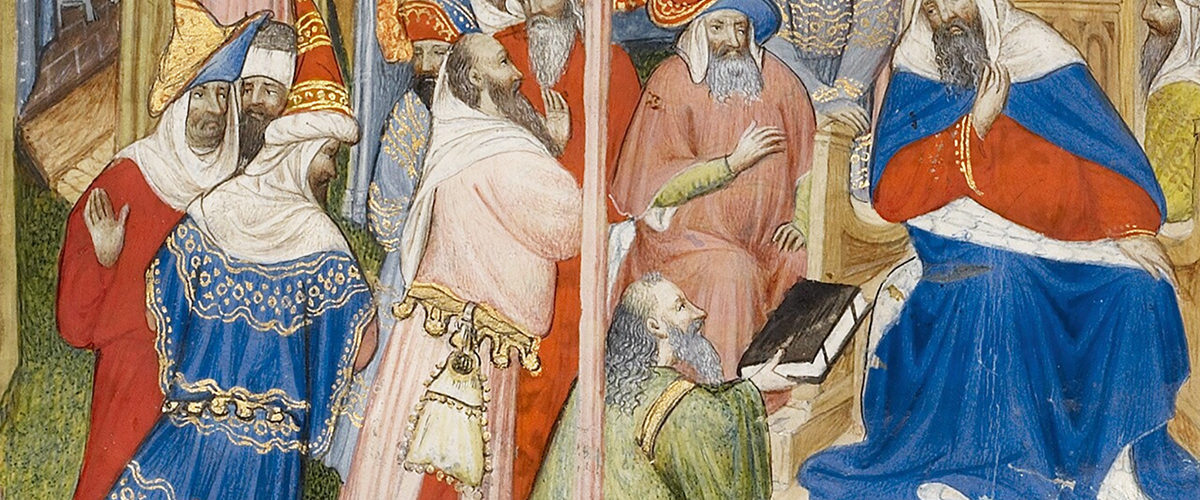 Uczeni mężowie przed obliczem króla. Francuska miniatura z XIV wieku.