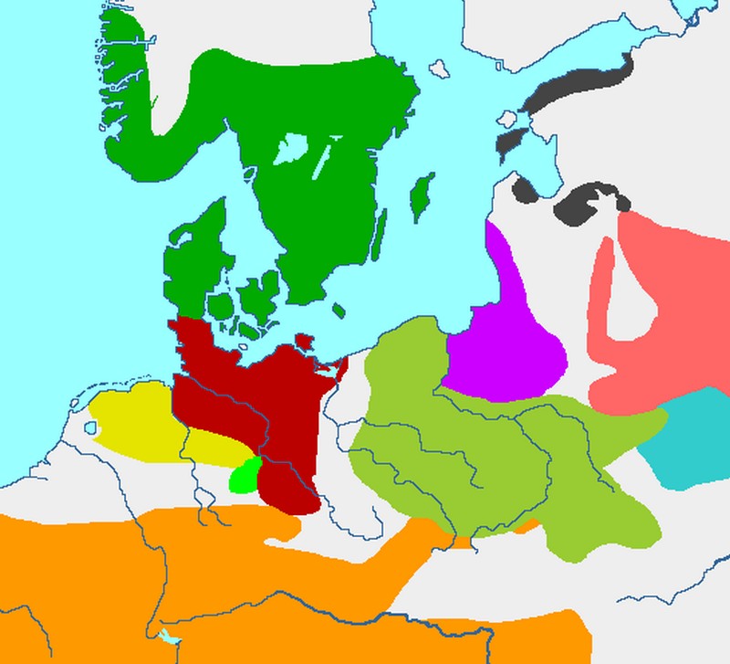 Kultury materialne Europy przed kresem rzymskim. Kultura jastorfska oznaczona kolorem bordowym (ossipro/CC BY-SA 2.5).