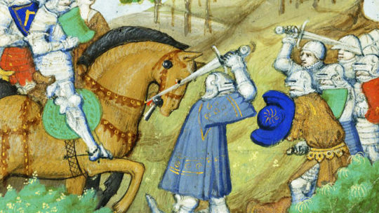 Starcie średniowiecznych rycerzy. Francuska miniatura z XV wieku