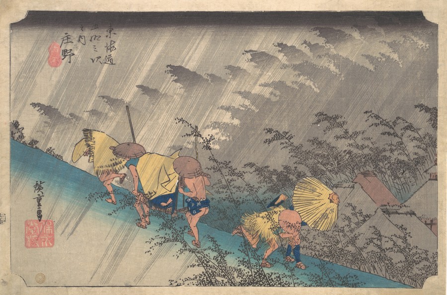 Japońscy chłopi podczas ulewy. Pierwsza połowa XIX wieku (Utagawa Hiroshige/domena publiczna).