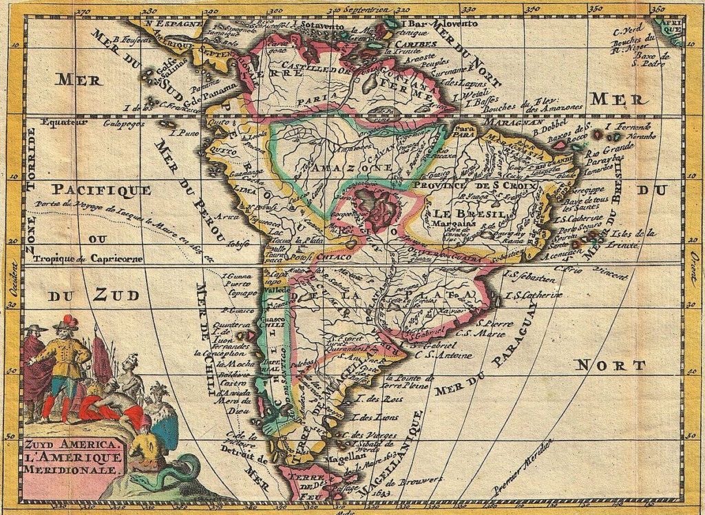 Mapa Ameryki Południowej z początku XVIII wieku (Daniel de Lafeuill/domena publiczna).