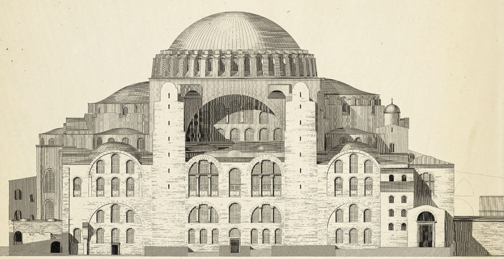 Pierwotna bryła kościoła Hagia Sophia. Rycina XIX-wieczna.