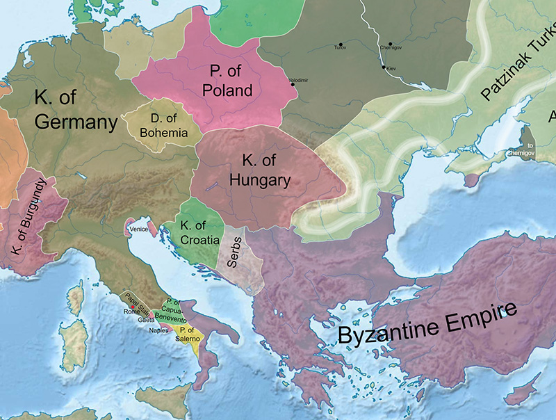 Przybliżone granice Europy środkowej w 1030 roku.