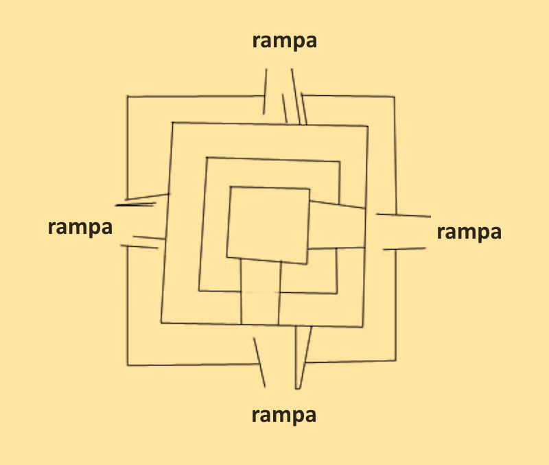 Plan piramidy w Sinki z zaznaczonymi rampami (domena publiczna).