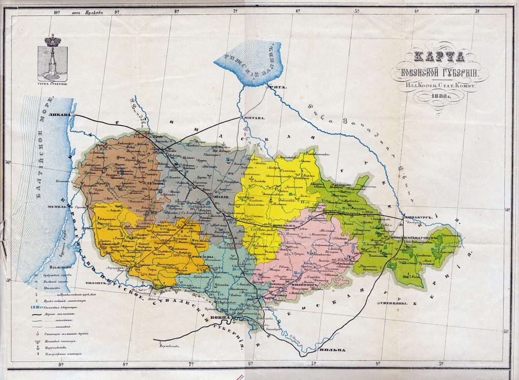 Rosyjska mapa guberni kowieńskiej z 1888 roku (domena publiczna).